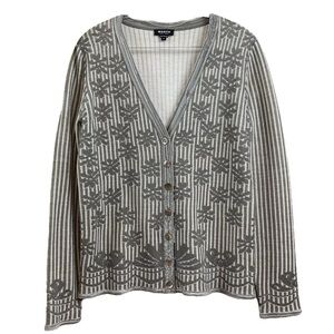 Worth New York Wool Knit Floral Striped Buttoned Cardigan Sweater Gray Ivory M
